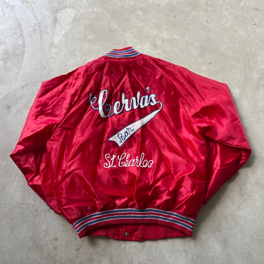 Vintage Butwin Satin Bomber Jacket Red Chain Stitch Cervas Bar Mens Medium